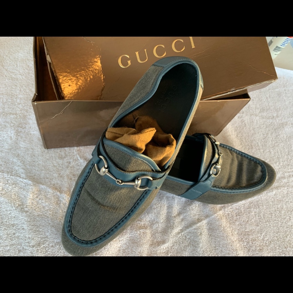 RARE Gucci Loafers. Herringbone & Blue Leather